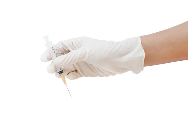Mão segurando seringa isolada no fundo branco — Fotografia de Stock
