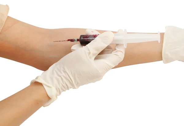 Syringe with taking blood on white background Royalty Free Stock Photos