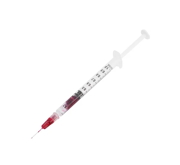 Syringe with blood isolated on white — Stock Photo, Image