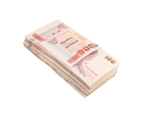 Stos banknotów stu typu tajski na białym tle — Zdjęcie stockowe