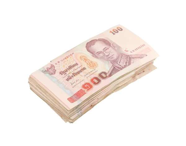 Stack of Thai one hundred type banknotes on white background — Stock Photo, Image