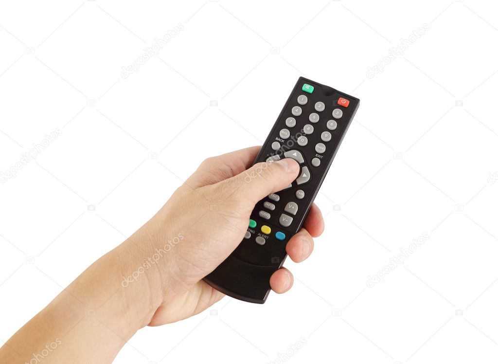 hand with remote control on white background