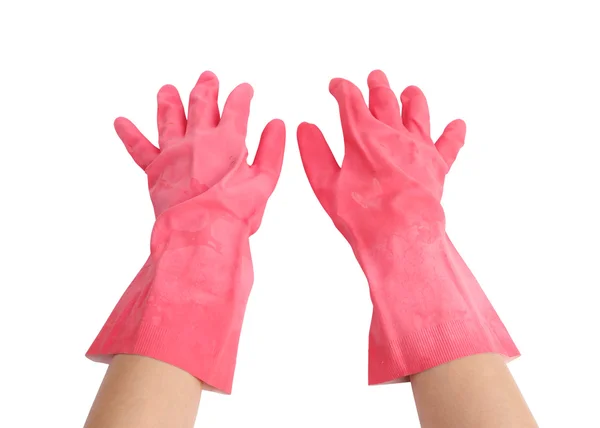 Gloves for cleaning with hand on white background — Stock Photo, Image