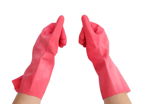 Gloves for cleaning on womans arm show thumbs up — Stock Photo, Image
