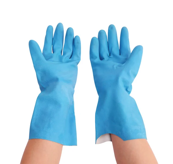 Gloves for cleaning with hand on white background — Stock Photo, Image