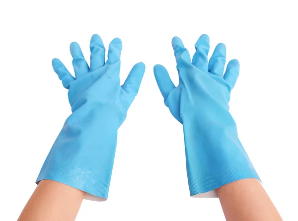 Gloves for cleaning with hand on white background — Stock Photo, Image