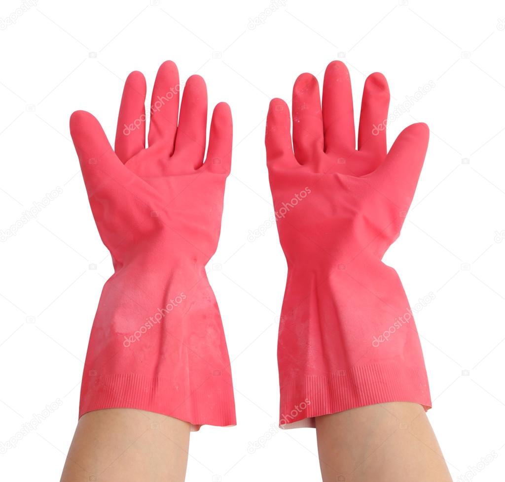 gloves for cleaning with hand on white background