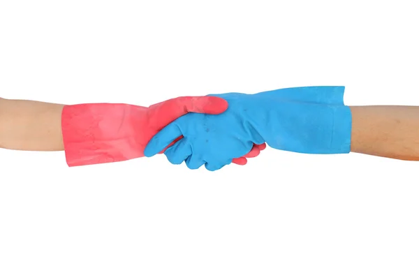 Hand shake in a rubber gloves isolated on white background — Stock Photo, Image