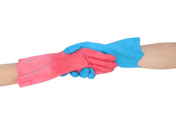 Рукопожатие в резиновых перчатках на белом фоне — стоковое фото