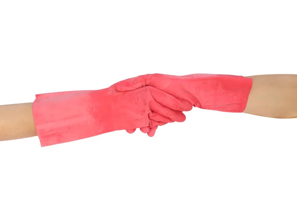 Händeschütteln in Gummihandschuhen auf weißem Hintergrund — Stockfoto