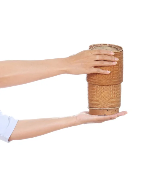 Mano sosteniendo caja de arroz de bambú —  Fotos de Stock