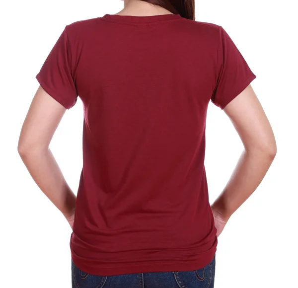 Närbild kvinna med Tom t-shirt (baksida) — Stockfoto