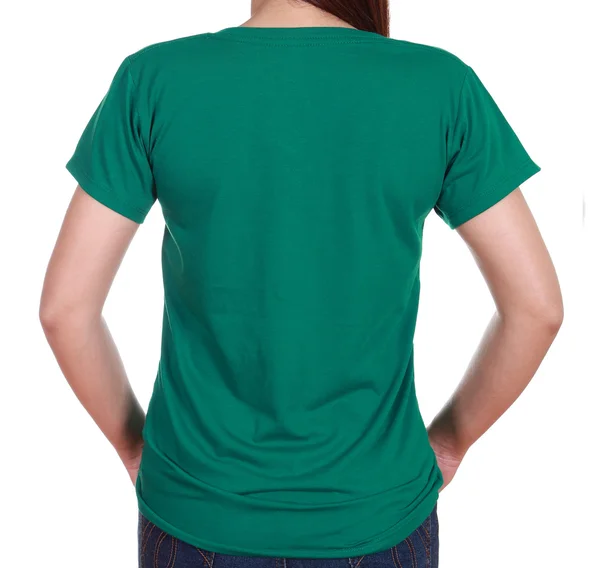 Крупним планом жінка з порожньою футболкою (на задній стороні ) — стокове фото