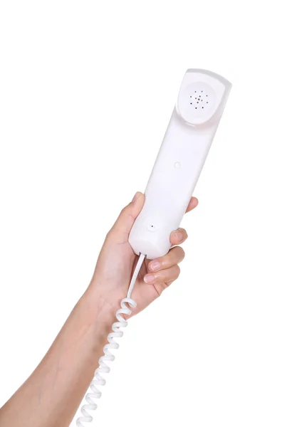 Hand holding white telephone tube — Stock Photo, Image