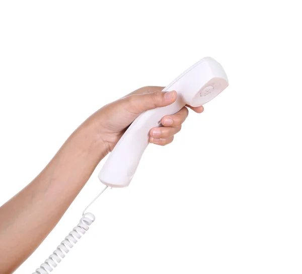 Hand holding white telephone tube Stock Photo