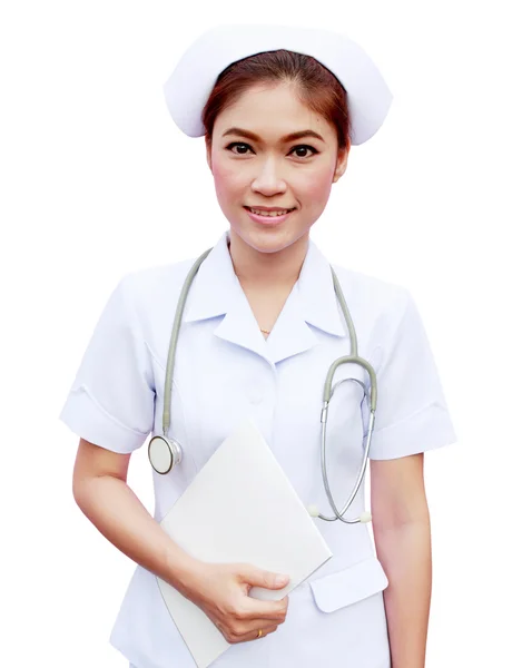 Young nurse holding medical report and stethoscope — Stock Photo, Image