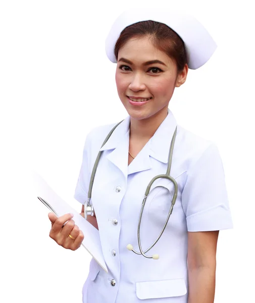 Jovem enfermeiro titular de relatório médico e estetoscópio — Fotografia de Stock