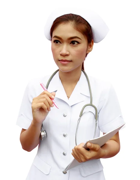 Asian female nurse with medical report — Stock Photo, Image