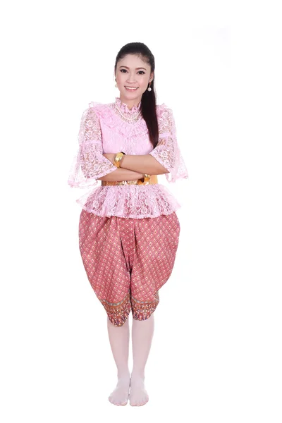 Donna che indossa tipico abito thai isolato su sfondo bianco — Foto Stock