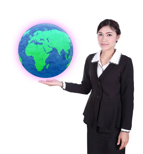 Businesswoman holding the Earth in her hand — Stock Photo, Image