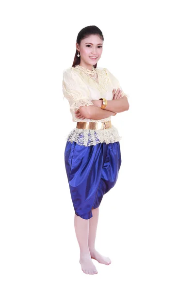 Wanita mengenakan pakaian thai khas terisolasi pada latar belakang putih — Stok Foto