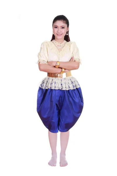 女人穿着白色背景上孤立的典型泰国衣服 — 图库照片