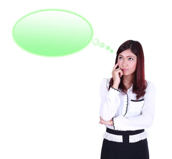 Thinking business woman looking up on speech empty bubble — Stock Photo, Image