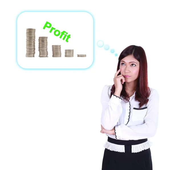 Business woman thinking about profit and coin graph — Stock Photo, Image