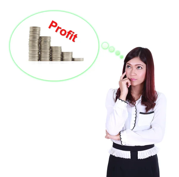 Business woman thinking about profit and coin graph — Stock Photo, Image