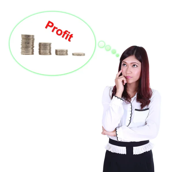 Business woman thinking about profit and coin graph — Stock Photo, Image