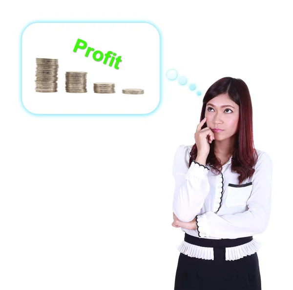 Business woman thinking about profit and coin graph — Stock Photo, Image