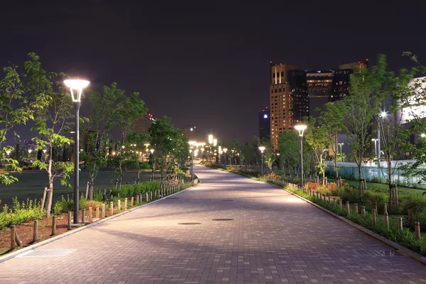 Bela passarela de jardim com lâmpadas à noite — Fotografia de Stock