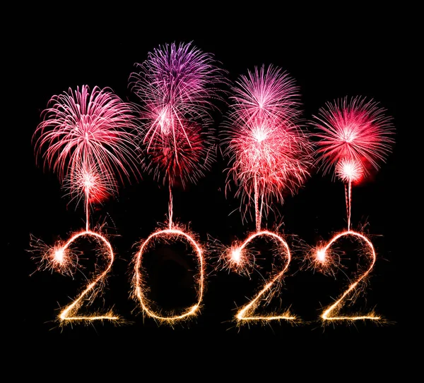 2022 Happy New Year Fireworks Written Sparkling Sparklers Night — Stock Photo, Image