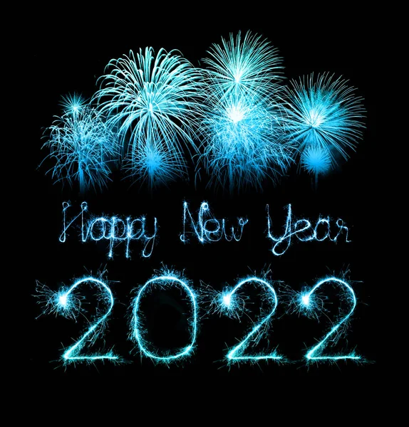 2022 Šťastný Nový Rok Ohňostroj Napsal Jiskřivé Jiskry Noci — Stock fotografie