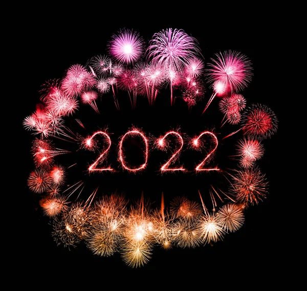 2022 Boldog Évet Tűzijáték Írt Szikrázó Csillagszórók Éjjel — Stock Fotó