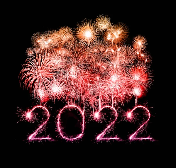 2022 Happy New Year Fireworks Written Sparkling Sparklers Night — Stock Photo, Image