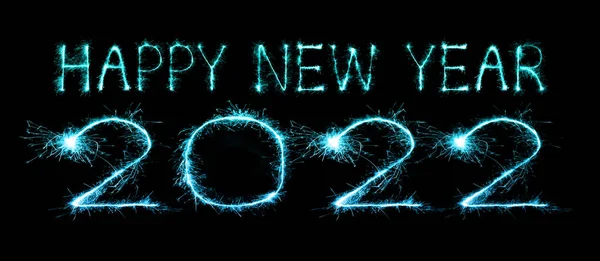 2022 Gelukkig Nieuwjaar Vuurwerk Geschreven Fonkelende Sterren Nachts — Stockfoto