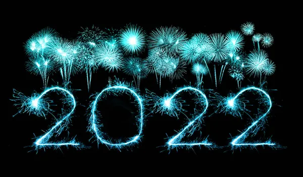 2022 Feliz Año Nuevo Fuegos Artificiales Escritos Brillantes Chispas Noche —  Fotos de Stock
