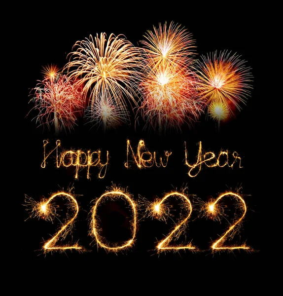 2022 Feliz Año Nuevo Fuegos Artificiales Escritos Brillantes Chispas Noche — Foto de Stock