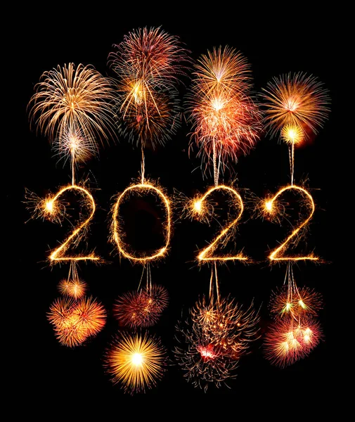 2022 Happy New Year Fireworks Written Sparkling Sparklers Night — Stock Photo, Image