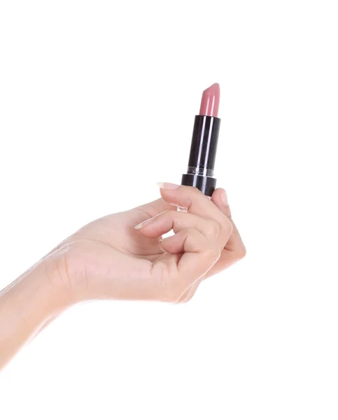 Hand with lipstick isolated on white — Stock Photo, Image