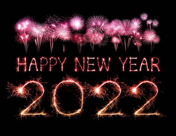 2022 Šťastný Nový Rok Ohňostroj Napsal Jiskřivé Jiskry Noci — Stock fotografie