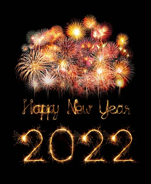 2022 Happy New Year Fireworks Written Sparkling Sparklers Night — Stock Photo, Image