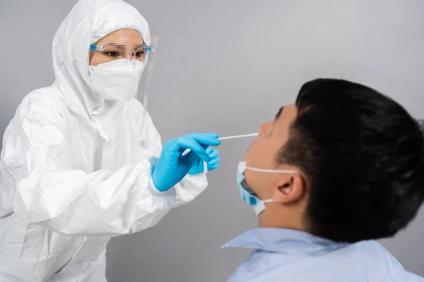 Doctor Ppe Suit Test Coronavirus Covid Young Man Nasal Swab — Stock Photo, Image