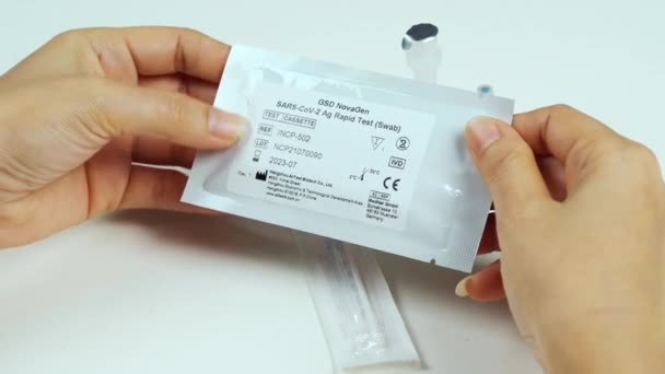 Hand Holding Coronavirus Covid Sars Cov Antigen Rapid Test Kits — Stock Video