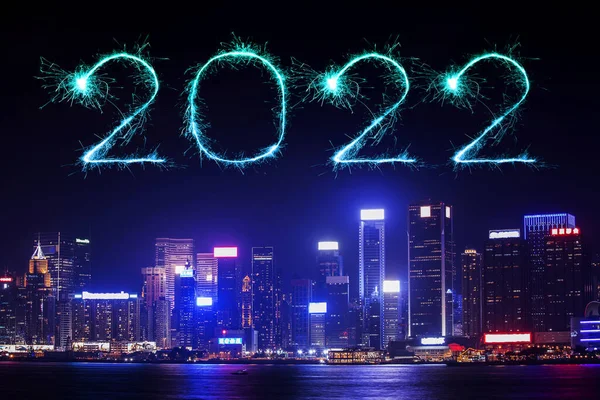 2022 Gelukkig Nieuwjaar Vuurwerk Vieren Boven Hong Kong Stadsgezicht Nachts — Stockfoto