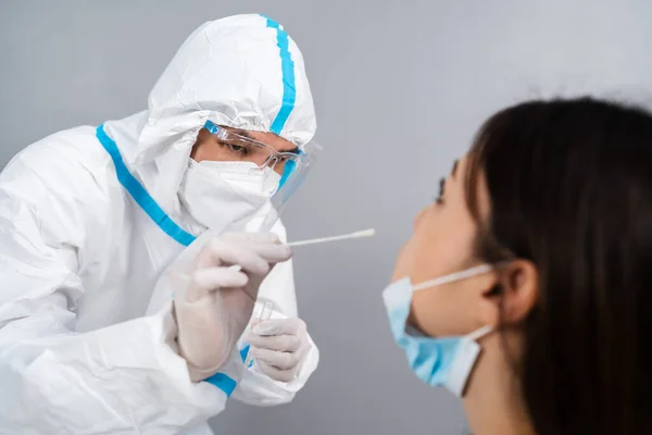 Doctor Ppe Suit Test Coronavirus Covid Young Woman Nasal Swab — Stock Photo, Image