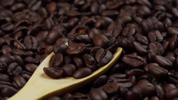 Pražená Kávová Zrna Dřevěnou Lžící Semena Kávy — Stock video