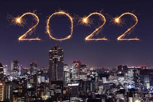 2022 Gelukkig Nieuwjaar Vuurwerk Vieren Boven Tokio Stadsgezicht Nachts Japan — Stockfoto