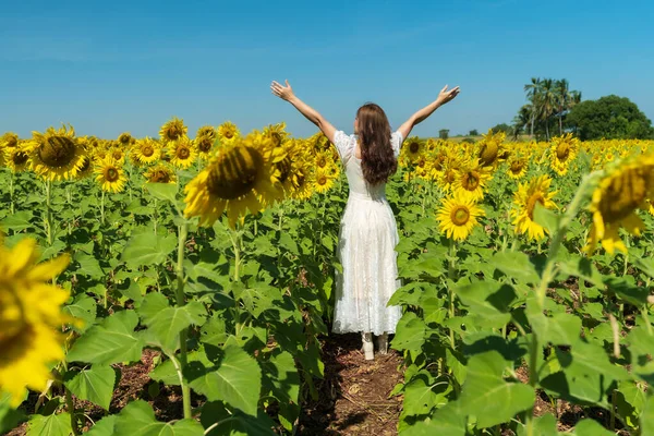 Cheerful Woman Arms Raised Enjoying Sunflower Field — Stock Photo, Image